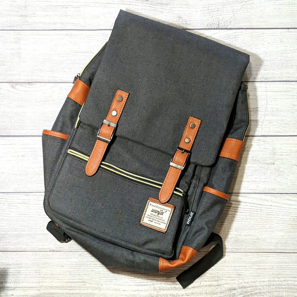 wenjie Grey Textured with Tan Buckles and Accents Backpack